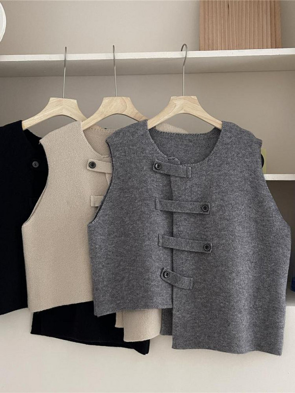 Seeslim pleteni nepravilni džemper prsluk Ženski dizajn bez rukava Ležerni prsluk s jednim kopčanjem u korejskom stilu Jesen Zima Chic