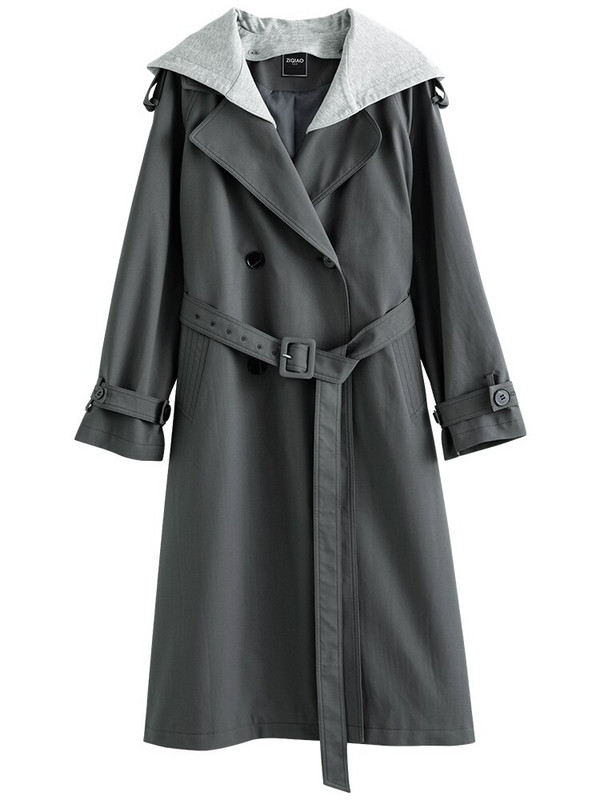 ZIQIAO Ležerni vrhunski ženski kaput s kapuljačom Jesenski britanski stil za putovanja na posao, dugi i kratki, izborni ženski kaputi s vjetrobranima