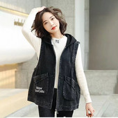 Γυναικείο τζιν τζιν μπουφάν με κουκούλα 2022 Νέο ανοιξιάτικο μονόχρωμο αμάνικο περιστασιακό γιλέκο Jean παλτό κοντά σακάκια καουμπόικο γιλέκο