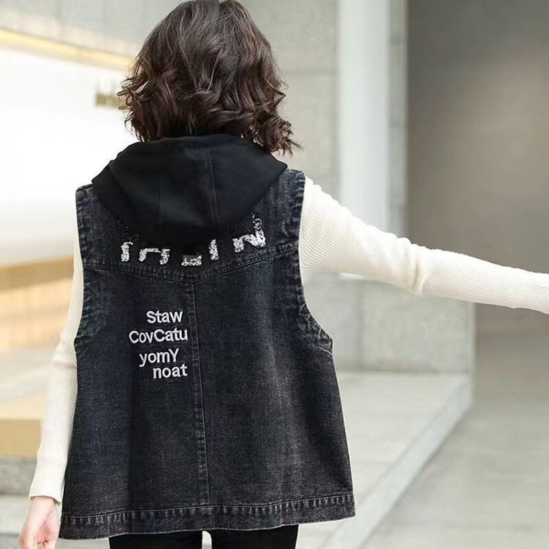 Γυναικείο τζιν τζιν μπουφάν με κουκούλα 2022 Νέο ανοιξιάτικο μονόχρωμο αμάνικο περιστασιακό γιλέκο Jean παλτό κοντά σακάκια καουμπόικο γιλέκο