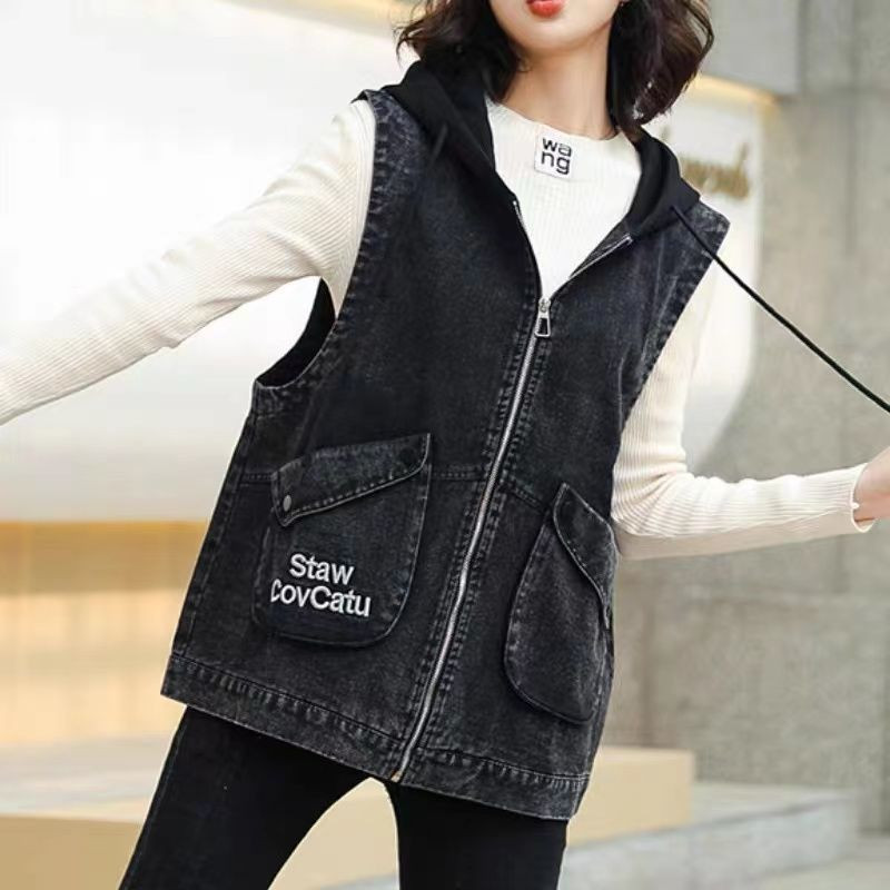 Γυναικείο τζιν τζιν μπουφάν με κουκούλα 2022 Νέο ανοιξιάτικο μονόχρωμο αμάνικο περιστασιακό γιλέκο Jean παλτό κοντά σακάκια καουμπόικο γιλέκο