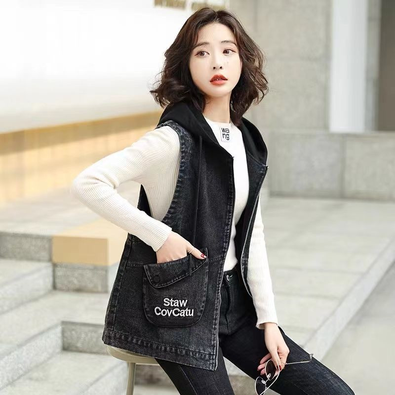 Γυναικείο τζιν τζιν μπουφάν με κουκούλα 2022 Νέο ανοιξιάτικο μονόχρωμο αμάνικο περιστασιακό γιλέκο Jean παλτό κοντά σακάκια καουμπόικο γιλέκο
