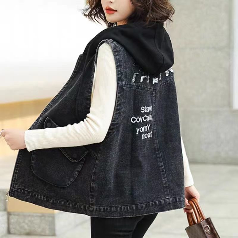 Γυναικείο τζιν τζιν μπουφάν με κουκούλα 2022 Νέο ανοιξιάτικο μονόχρωμο αμάνικο περιστασιακό γιλέκο Jean παλτό κοντά σακάκια καουμπόικο γιλέκο