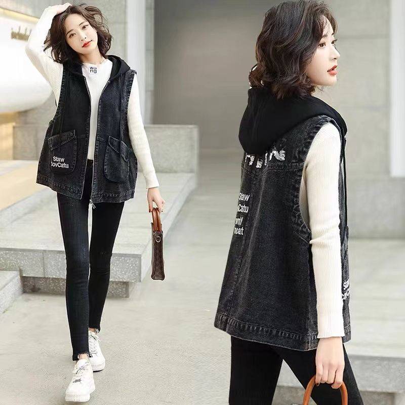 Γυναικείο τζιν τζιν μπουφάν με κουκούλα 2022 Νέο ανοιξιάτικο μονόχρωμο αμάνικο περιστασιακό γιλέκο Jean παλτό κοντά σακάκια καουμπόικο γιλέκο