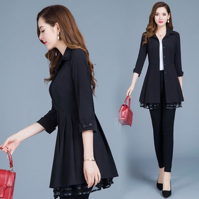 Ženski klasični jednobojni dugi trenč kaput Ženski tanki tri četvrtine trenč pojasevi Gornja odjeća od čipke u korejskom stilu