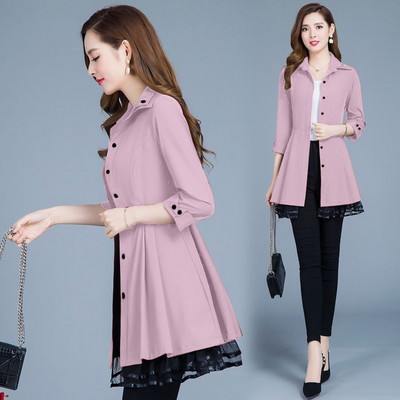 Ženski klasični jednobojni dugi trenč kaput Ženski tanki tri četvrtine trenč pojasevi Gornja odjeća od čipke u korejskom stilu