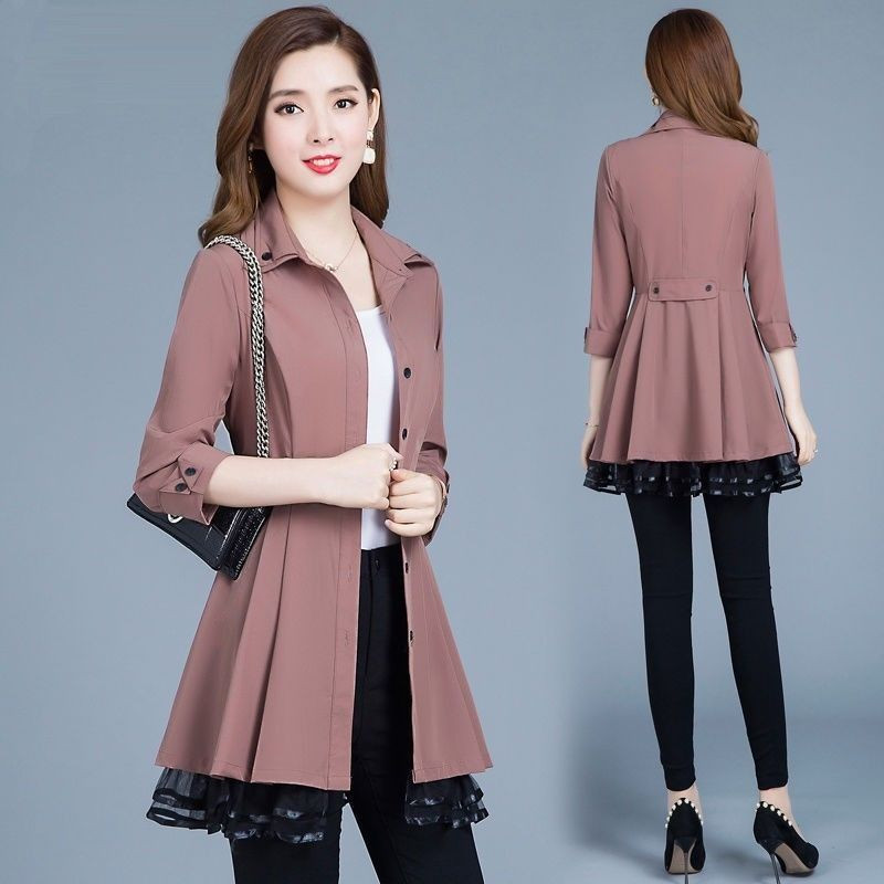 Ženski klasični jednobojni dugi trenč kaput Ženski tanki tri četvrtine trenč pojasevi Gornja odjeća od čipke u korejskom stilu