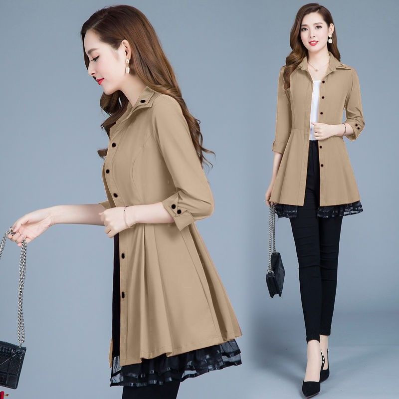 Ženski klasični jednobojni dugi trenč kaput Ženski tanki tri četvrtine trenč pojasevi Gornja odjeća od čipke u korejskom stilu