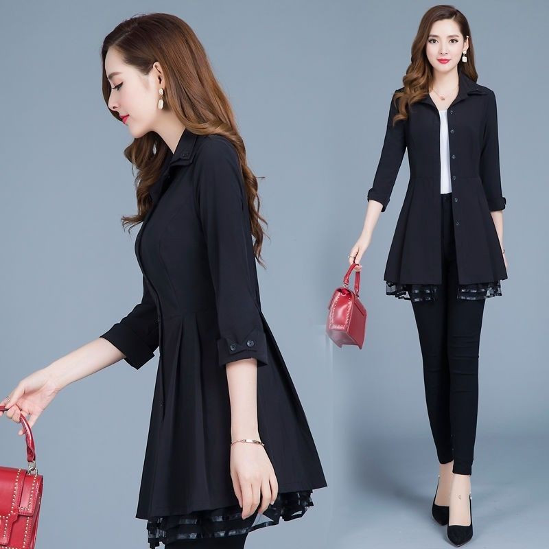 Ženski klasični jednobojni dugi trenč kaput Ženski tanki tri četvrtine trenč pojasevi Gornja odjeća od čipke u korejskom stilu