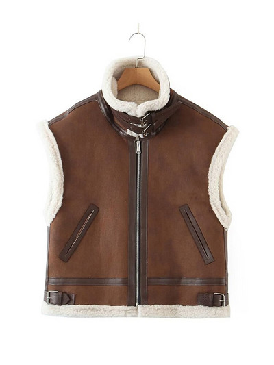 Ženska moda, nova jakna teške industrije, prsluk od jelenje kože od flisa i janjeće dlake, jakna, bočni džepovi na preklop, modni dizajn, popularni prsluci