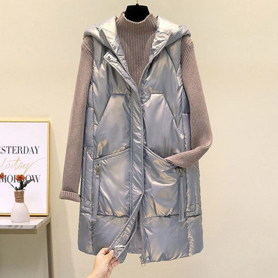 2022. gada rudens ziemas jaka sieviešu bezpiedurkņu veste Parka ar kapuci, silta, glancēta kokvilnas polsterēta jaka Sieviešu veste, virsdrēbes