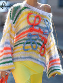 Ženski pulover s duginim prugama Labavi ulični pleteni jesenski moher ženski džemperi Puloveri 2022. Novi uzorci majica