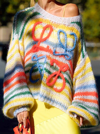 Дамски пуловер с дъгови ивици, свободен уличен плетен есенен мохер, дамски пуловери, пуловери, 2022 г., нов модел, блузи
