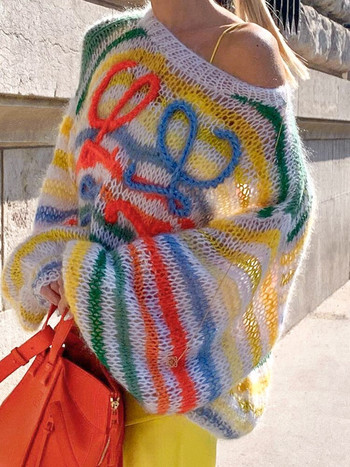Дамски пуловер с дъгови ивици, свободен уличен плетен есенен мохер, дамски пуловери, пуловери, 2022 г., нов модел, блузи