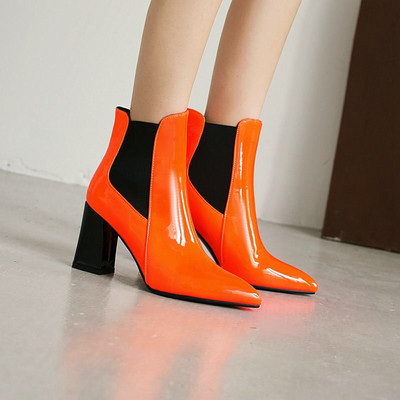 2020 Fashion Patent PU Δερμάτινα γυναικεία μποτάκια με χοντρό τακούνι με μυτερή μύτη Γυναικείες κοντές μπότες Candy χρώματα Γυναικείες μπότες για πάρτι