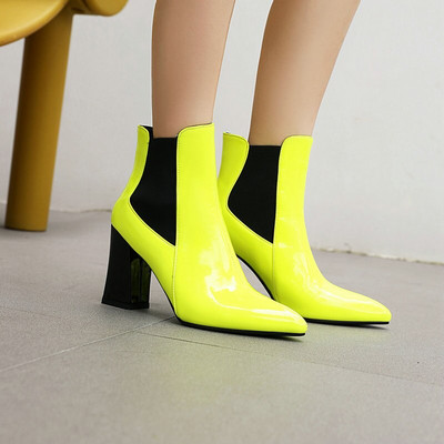 2020 Fashion Patent PU Δερμάτινα γυναικεία μποτάκια με χοντρό τακούνι με μυτερή μύτη Γυναικείες κοντές μπότες Candy χρώματα Γυναικείες μπότες για πάρτι