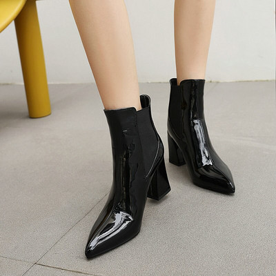 2020 Fashion Patent PU Δερμάτινα γυναικεία μποτάκια με χοντρό τακούνι με μυτερή μύτη Γυναικείες κοντές μπότες Candy χρώματα Γυναικείες μπότες για πάρτι