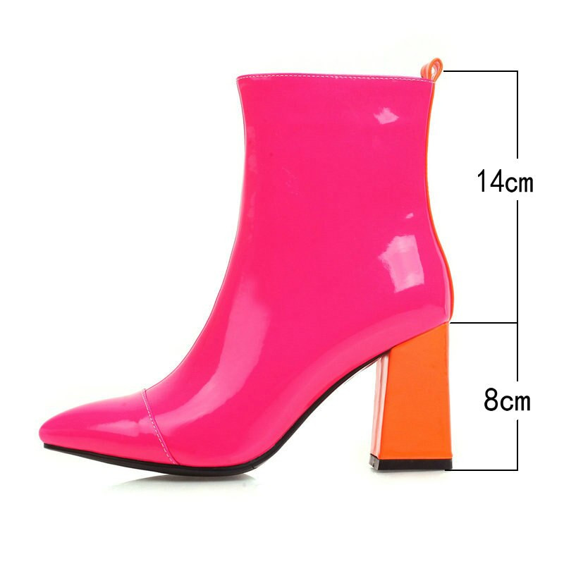 2020 Fashion Patent PU Δερμάτινα γυναικεία μποτάκια με χοντρό τακούνι με μυτερή μύτη Γυναικείες κοντές μπότες Candy χρώματα Γυναικείες μπότες για πάρτι