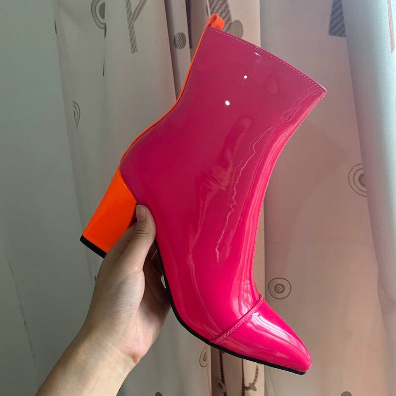 2020 Fashion Patent PU Δερμάτινα γυναικεία μποτάκια με χοντρό τακούνι με μυτερή μύτη Γυναικείες κοντές μπότες Candy χρώματα Γυναικείες μπότες για πάρτι