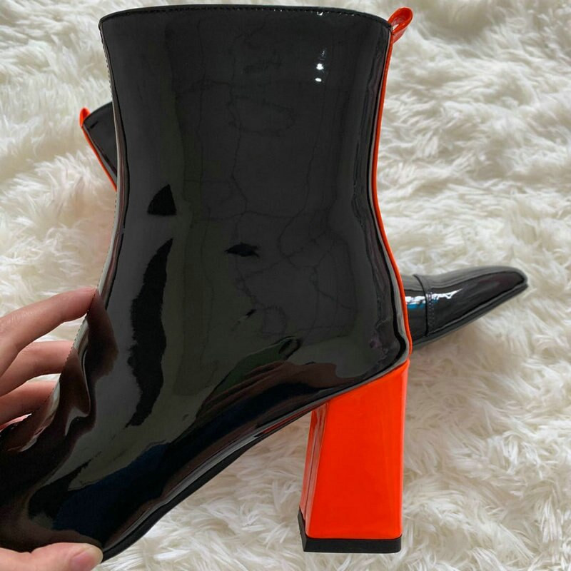 2020 Fashion Patent PU Δερμάτινα γυναικεία μποτάκια με χοντρό τακούνι με μυτερή μύτη Γυναικείες κοντές μπότες Candy χρώματα Γυναικείες μπότες για πάρτι