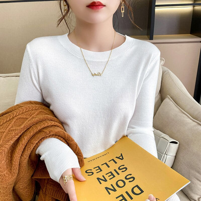 2022 Ανοιξιάτικο φθινόπωρο Γυναικείο πουλόβερ με μασίφ πλεκτό με λαιμόκοψη Κορεατικά πουλόβερ με μακρυμάνικο πουλόβερ με κάτω μέρος