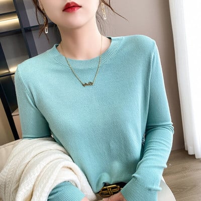 2022 Ανοιξιάτικο φθινόπωρο Γυναικείο πουλόβερ με μασίφ πλεκτό με λαιμόκοψη Κορεατικά πουλόβερ με μακρυμάνικο πουλόβερ με κάτω μέρος