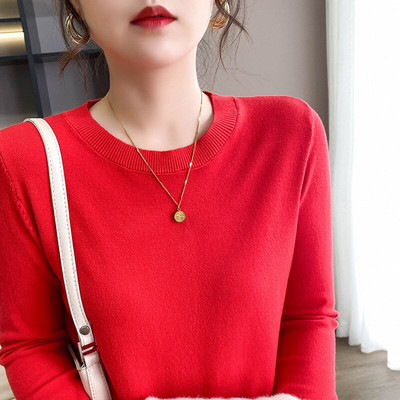 2022 Ανοιξιάτικο φθινόπωρο Γυναικείο πουλόβερ με μασίφ πλεκτό με λαιμόκοψη Κορεατικά πουλόβερ με μακρυμάνικο πουλόβερ με κάτω μέρος