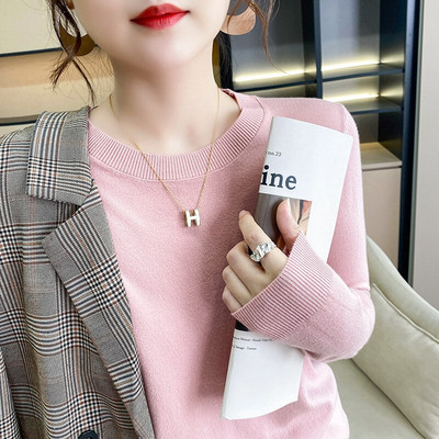 2022 Ανοιξιάτικο φθινόπωρο Γυναικείο πουλόβερ με μασίφ πλεκτό με λαιμόκοψη Κορεατικά πουλόβερ με μακρυμάνικο πουλόβερ με κάτω μέρος