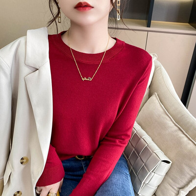 2022 Ανοιξιάτικο φθινόπωρο Γυναικείο πουλόβερ με μασίφ πλεκτό με λαιμόκοψη Κορεατικά πουλόβερ με μακρυμάνικο πουλόβερ με κάτω μέρος