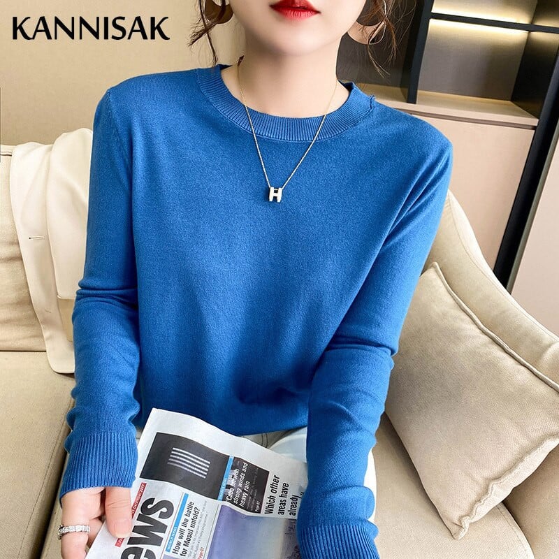 2022 Ανοιξιάτικο φθινόπωρο Γυναικείο πουλόβερ με μασίφ πλεκτό με λαιμόκοψη Κορεατικά πουλόβερ με μακρυμάνικο πουλόβερ με κάτω μέρος