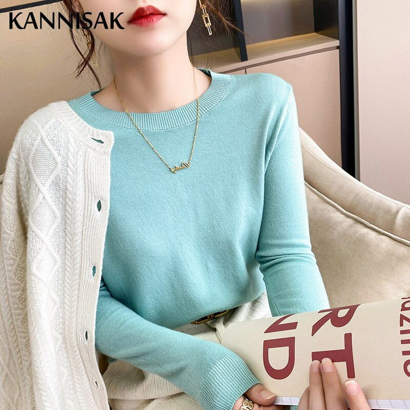2022 Ανοιξιάτικο φθινόπωρο Γυναικείο πουλόβερ με μασίφ πλεκτό με λαιμόκοψη Κορεατικά πουλόβερ με μακρυμάνικο πουλόβερ με κάτω μέρος