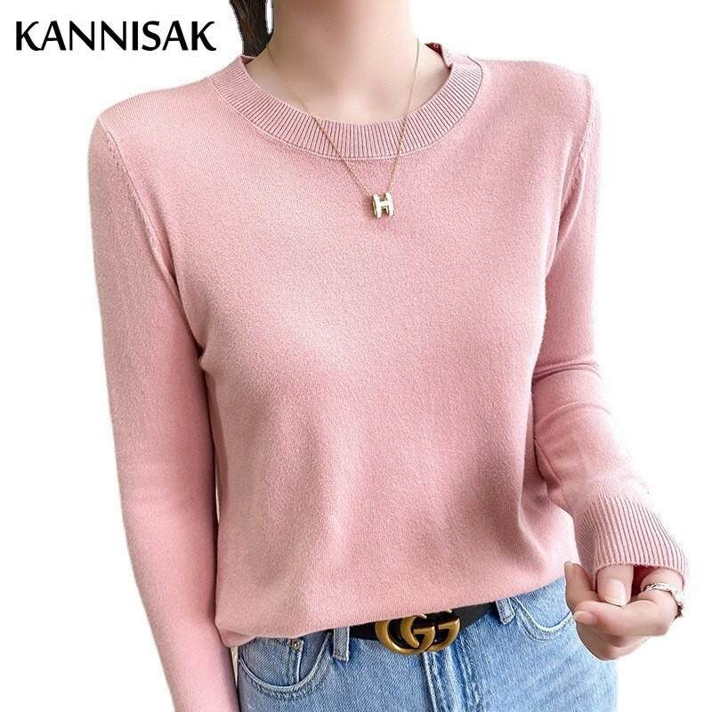 2022 Ανοιξιάτικο φθινόπωρο Γυναικείο πουλόβερ με μασίφ πλεκτό με λαιμόκοψη Κορεατικά πουλόβερ με μακρυμάνικο πουλόβερ με κάτω μέρος