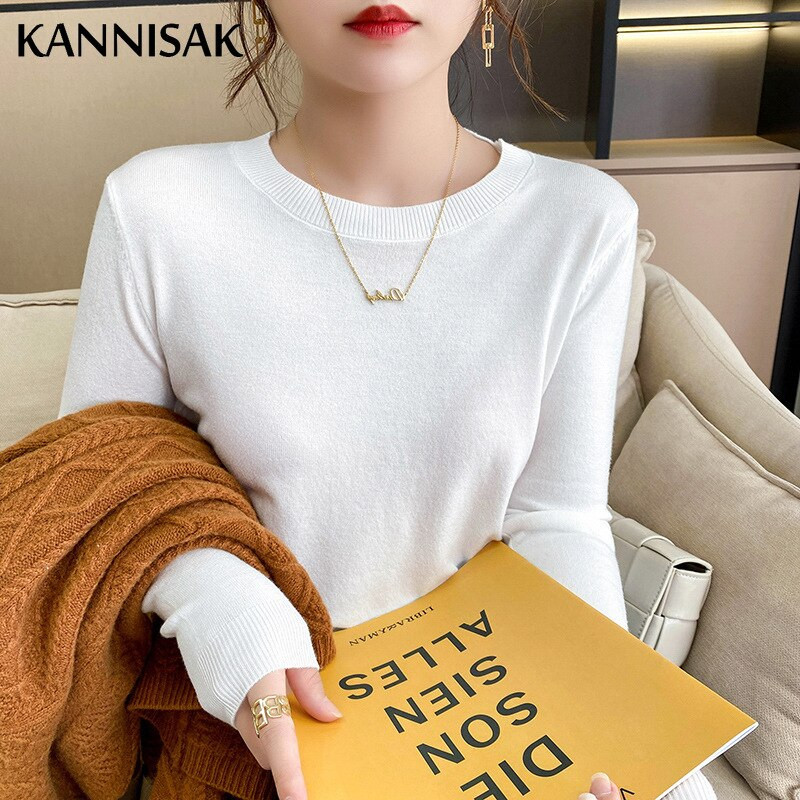 2022 Ανοιξιάτικο φθινόπωρο Γυναικείο πουλόβερ με μασίφ πλεκτό με λαιμόκοψη Κορεατικά πουλόβερ με μακρυμάνικο πουλόβερ με κάτω μέρος