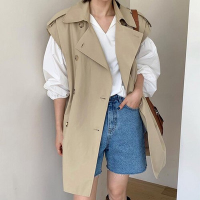 SuperAen Korea Chic Jesenska modna jakna s dvostrukim kopčanjem, ležerna jakna bez rukava