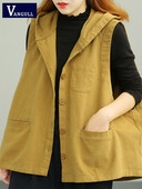 Vangull Fashion Κίτρινες κουκούλες γιλέκο μπλουζάκια Γυναικεία αμάνικα τσέπες Streetwear Φαρδύ γυναικείο γιλέκο μονόχρωμο γιλέκο με στήθος