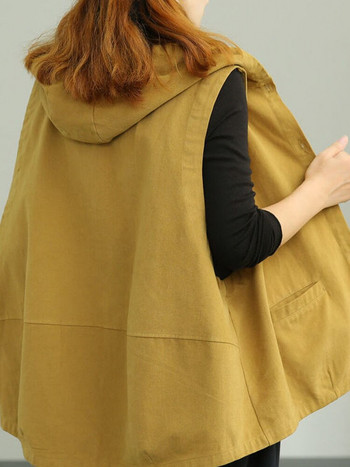 Vangull Fashion Κίτρινες κουκούλες γιλέκο μπλουζάκια Γυναικεία αμάνικα τσέπες Streetwear Φαρδύ γυναικείο γιλέκο μονόχρωμο γιλέκο με στήθος