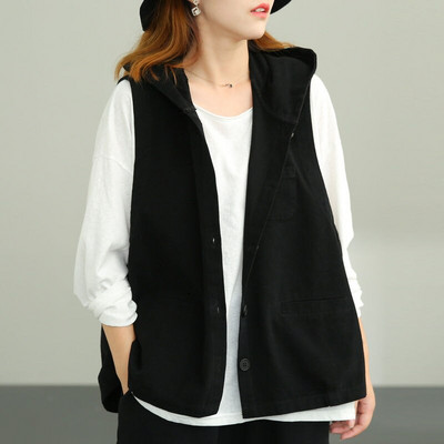 Vangull Fashion Κίτρινες κουκούλες γιλέκο μπλουζάκια Γυναικεία αμάνικα τσέπες Streetwear Φαρδύ γυναικείο γιλέκο μονόχρωμο γιλέκο με στήθος