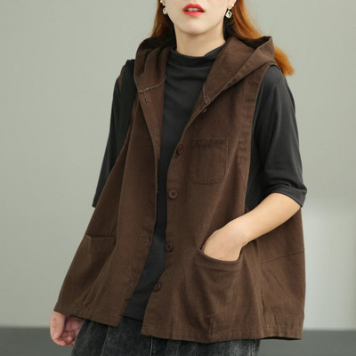 Vangull Fashion Κίτρινες κουκούλες γιλέκο μπλουζάκια Γυναικεία αμάνικα τσέπες Streetwear Φαρδύ γυναικείο γιλέκο μονόχρωμο γιλέκο με στήθος