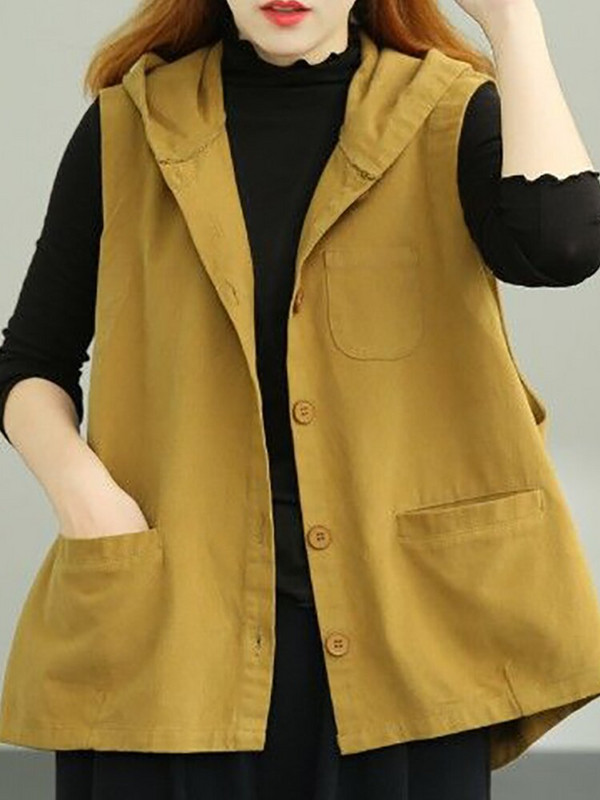 Vangull Fashion Κίτρινες κουκούλες γιλέκο μπλουζάκια Γυναικεία αμάνικα τσέπες Streetwear Φαρδύ γυναικείο γιλέκο μονόχρωμο γιλέκο με στήθος