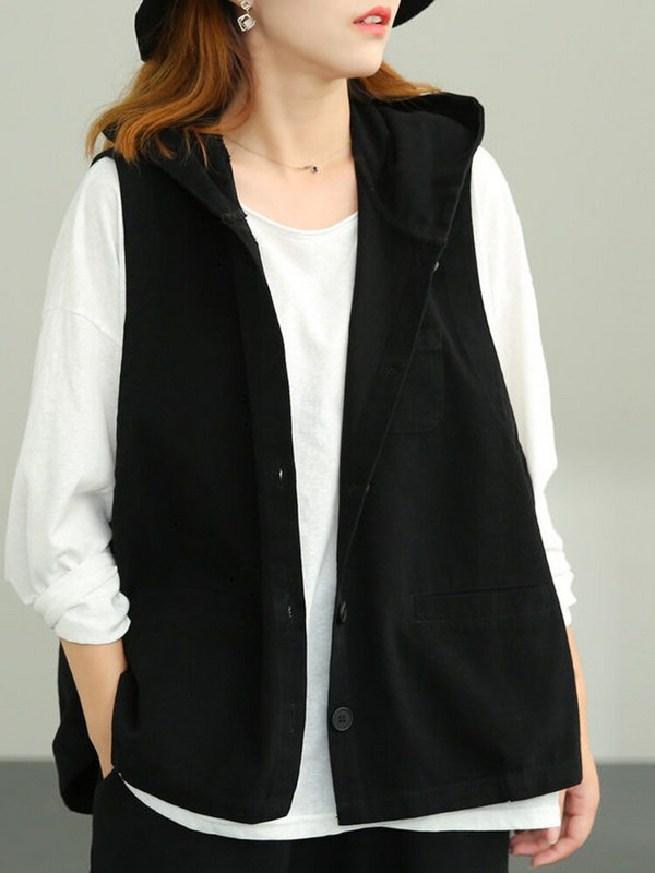 Vangull Fashion Κίτρινες κουκούλες γιλέκο μπλουζάκια Γυναικεία αμάνικα τσέπες Streetwear Φαρδύ γυναικείο γιλέκο μονόχρωμο γιλέκο με στήθος