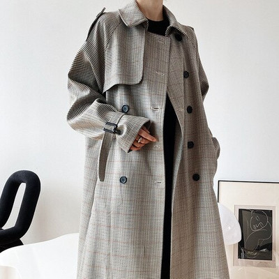 Mrežasta crvena karirana vjetrovka, ženska jakna srednje dužine u korejskom stilu za proljeće i jesen, popularni kaput na dvostruko kopčanje