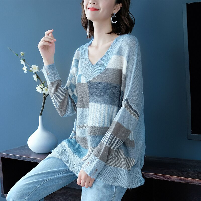 YISU rudens ziemas trikotāžas džemperis sievietēm brīvs rūtains mohēras džemperis Sieviešu modes caurumu dizaina tops Mohēras džemperis sievietēm