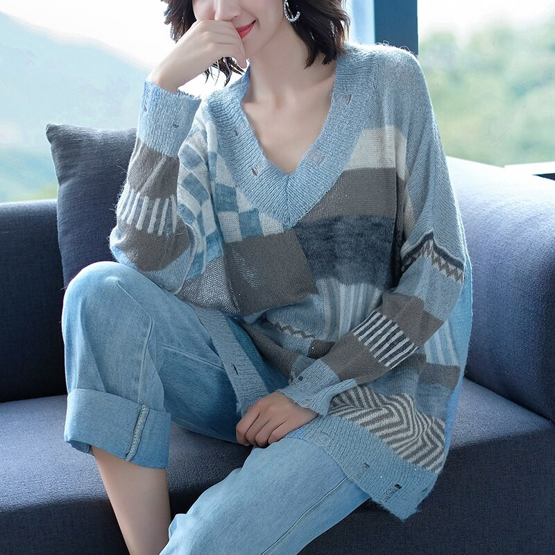YISU rudens ziemas trikotāžas džemperis sievietēm brīvs rūtains mohēras džemperis Sieviešu modes caurumu dizaina tops Mohēras džemperis sievietēm