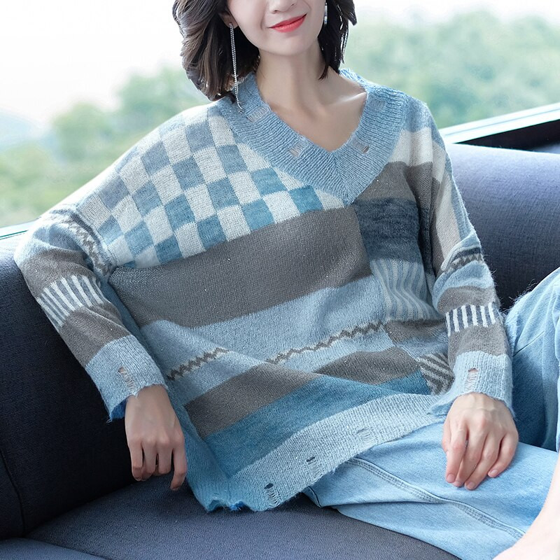 YISU rudens ziemas trikotāžas džemperis sievietēm brīvs rūtains mohēras džemperis Sieviešu modes caurumu dizaina tops Mohēras džemperis sievietēm