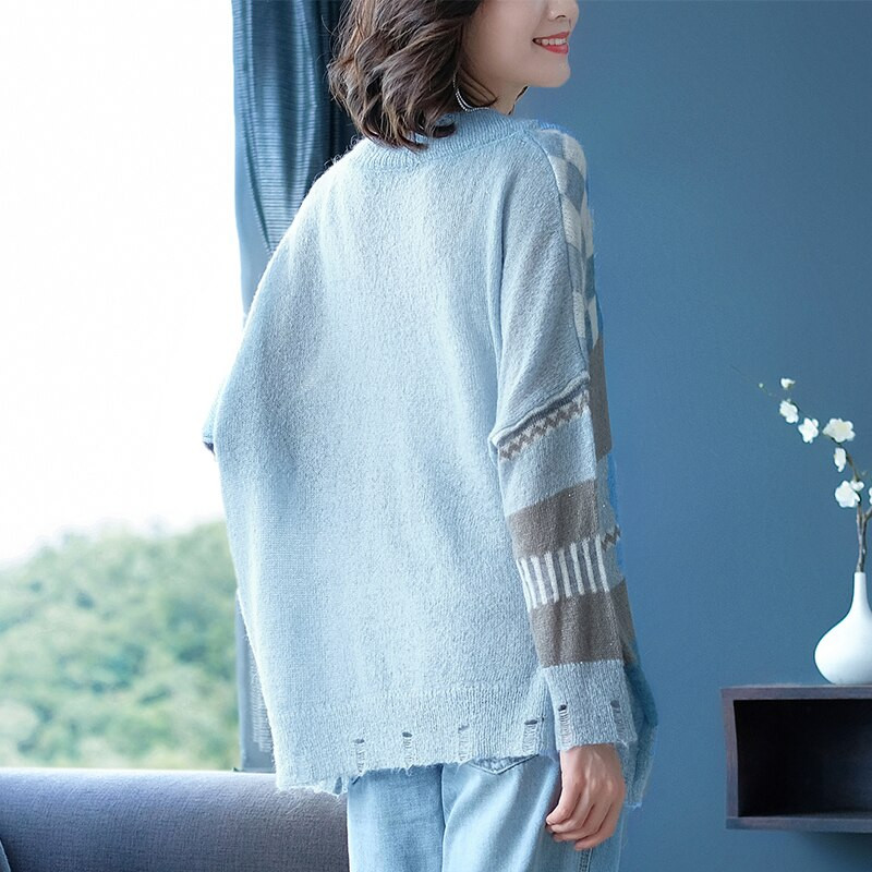 YISU rudens ziemas trikotāžas džemperis sievietēm brīvs rūtains mohēras džemperis Sieviešu modes caurumu dizaina tops Mohēras džemperis sievietēm