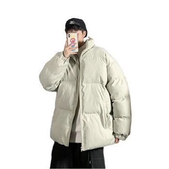 FGKKS Winter Men Parka Coat Thicken Warm Jacket Women Fashion Stand Collar Coat Street Solid Color Cotton Couple Parka Male