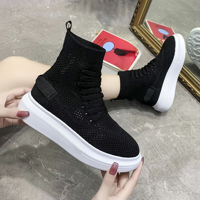 Πράσινες πλεκτές ελαστικές μπότες από διχτυωτό πλέγμα Γυναικείες μπότες φθινοπώρου 2022 σε πλατφόρμα Γυναικεία μποτάκια αστράγαλο Χοντρά πάνινα παπούτσια με ψηλή κορυφή Αναπνέουσα κάλτσα