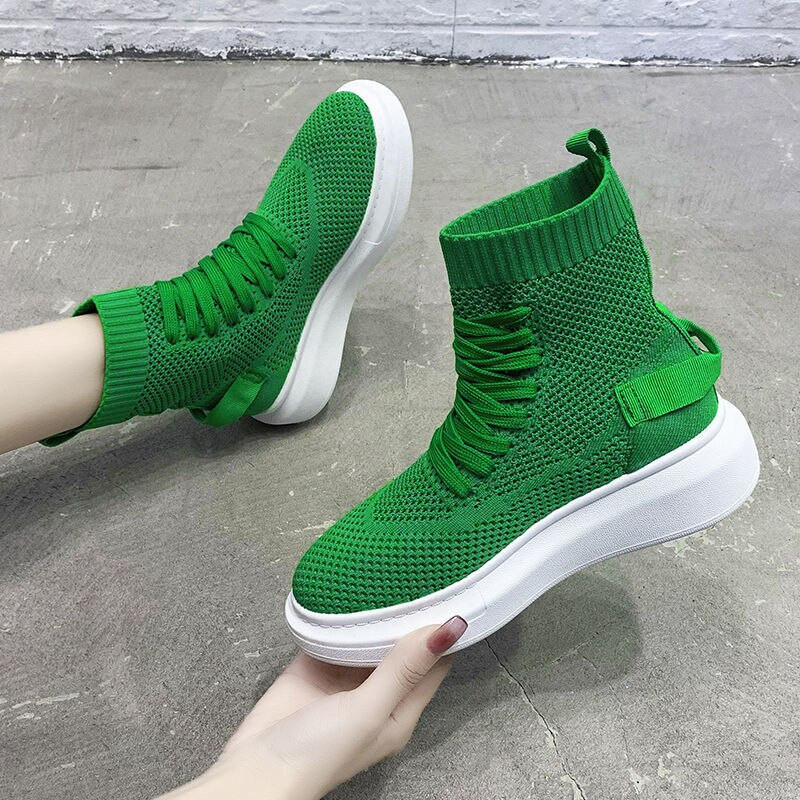 Πράσινες πλεκτές ελαστικές μπότες από διχτυωτό πλέγμα Γυναικείες μπότες φθινοπώρου 2022 σε πλατφόρμα Γυναικεία μποτάκια αστράγαλο Χοντρά πάνινα παπούτσια με ψηλή κορυφή Αναπνέουσα κάλτσα