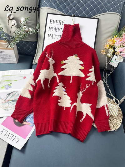 Široki džemper Christmas Tree Thicken Pleteni zimski pulover 2022. Pleteni džemper Vintage topli džemper s dolčevitom Lq_songyi LQ13