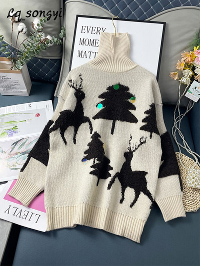 Široki džemper Christmas Tree Thicken Pleteni zimski pulover 2022. Pleteni džemper Vintage topli džemper s dolčevitom Lq_songyi LQ13